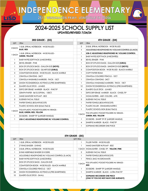 3rd - 5th School Supply List